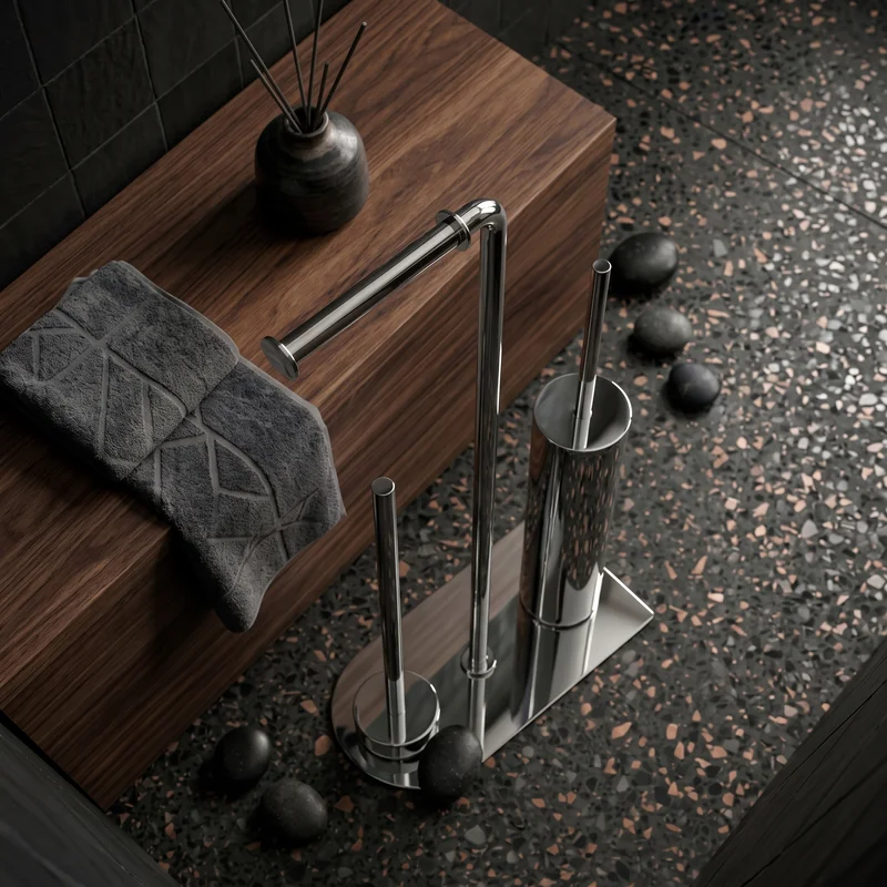 Valet de toilette complet 3-en-1 en inox chromé – Porte-rouleau, réserve et brosse WC | Baldini – Image 3