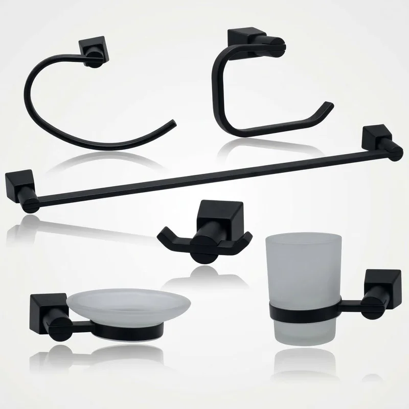 Ensemble d’Accessoires de Salle de Bain 6 Pièces – Noir Mat en Acier Inoxydable,