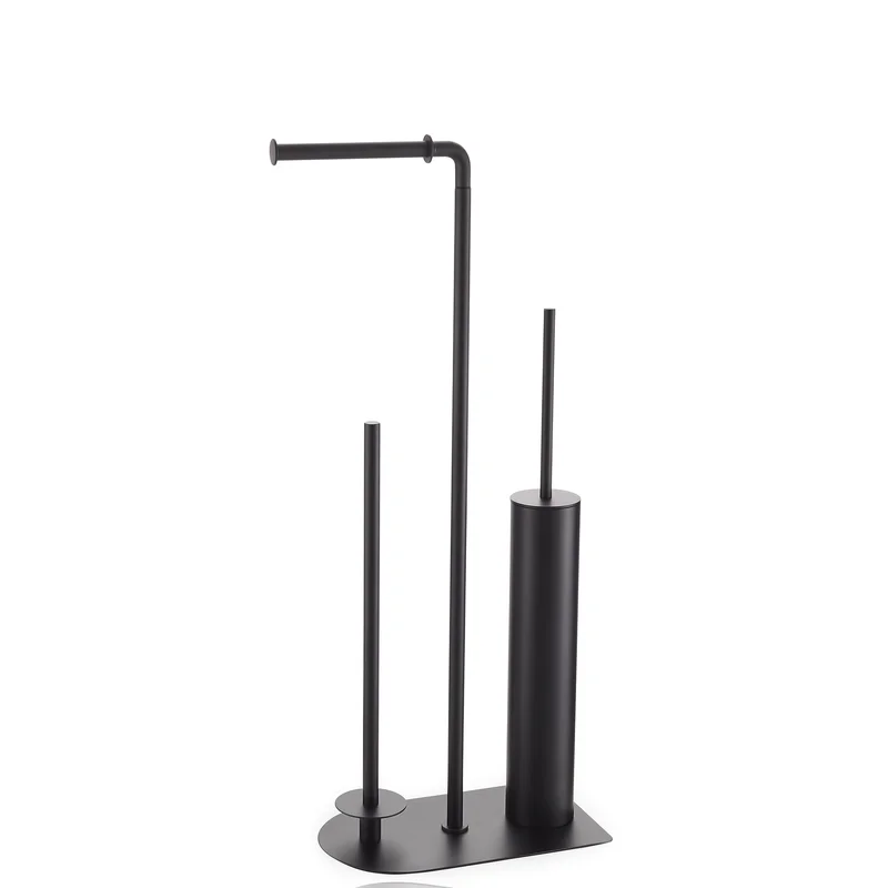 Valet de toilette complet 3-en-1 en inox noir mat – Porte-rouleau, réserve et brosse WC | Baldini